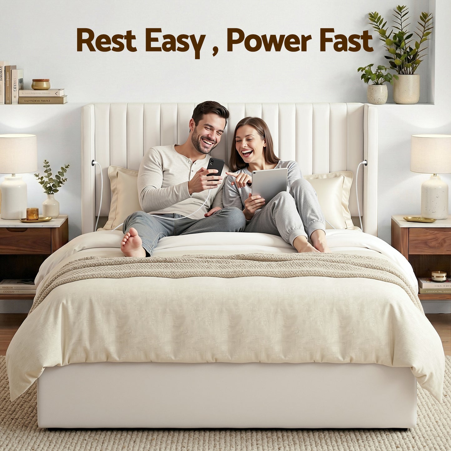 Alora Bed Frame with Gaslift Storage USB Type-C Charging Ports Velvet Upholstery - White Queen