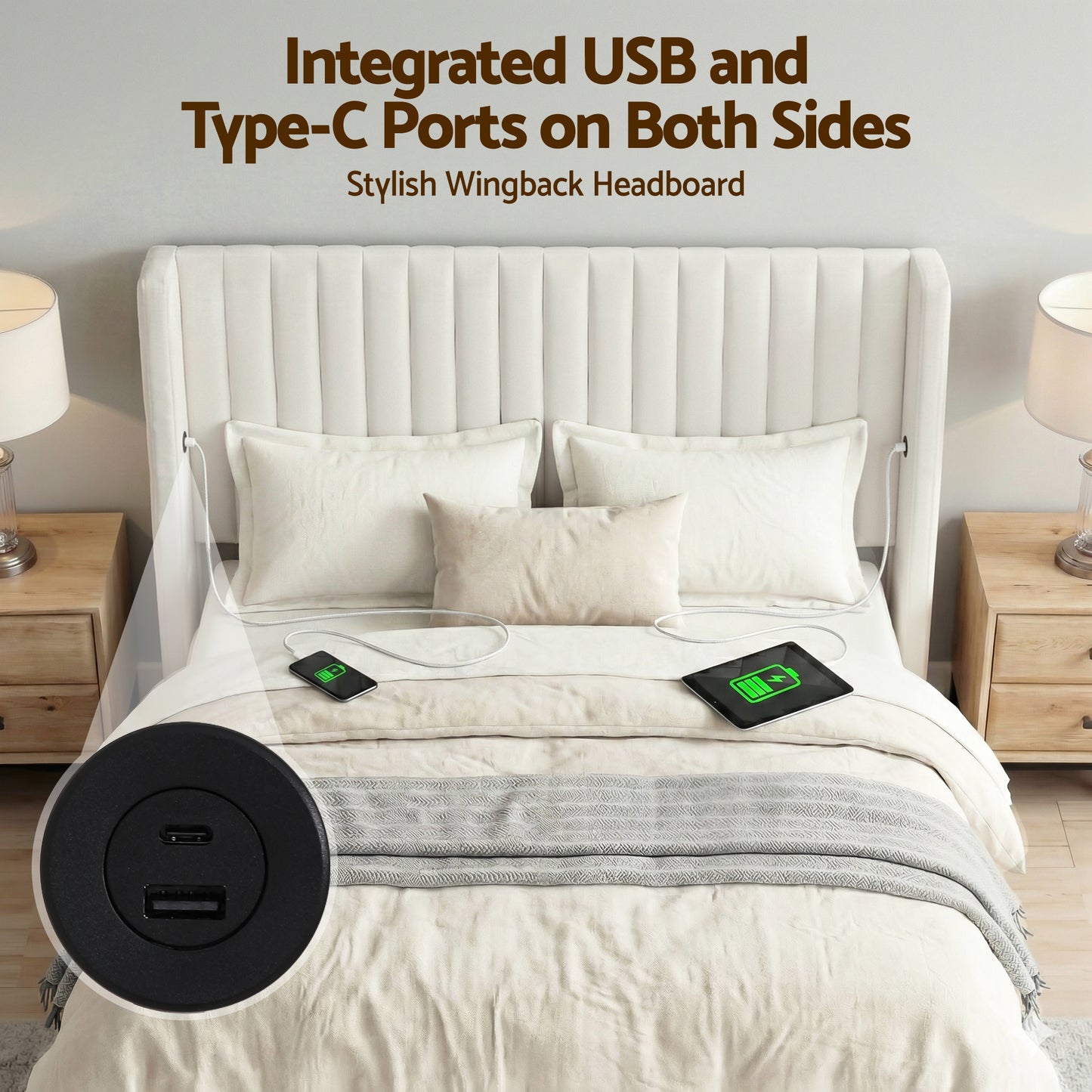 Alora Bed Frame with Gaslift Storage USB Type-C Charging Ports Velvet Upholstery - White Queen