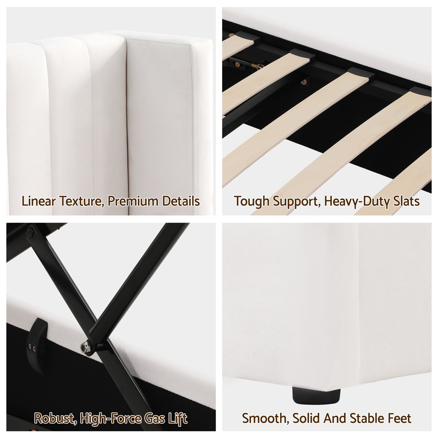 Alora Bed Frame with Gaslift Storage USB Type-C Charging Ports Velvet Upholstery - White Queen
