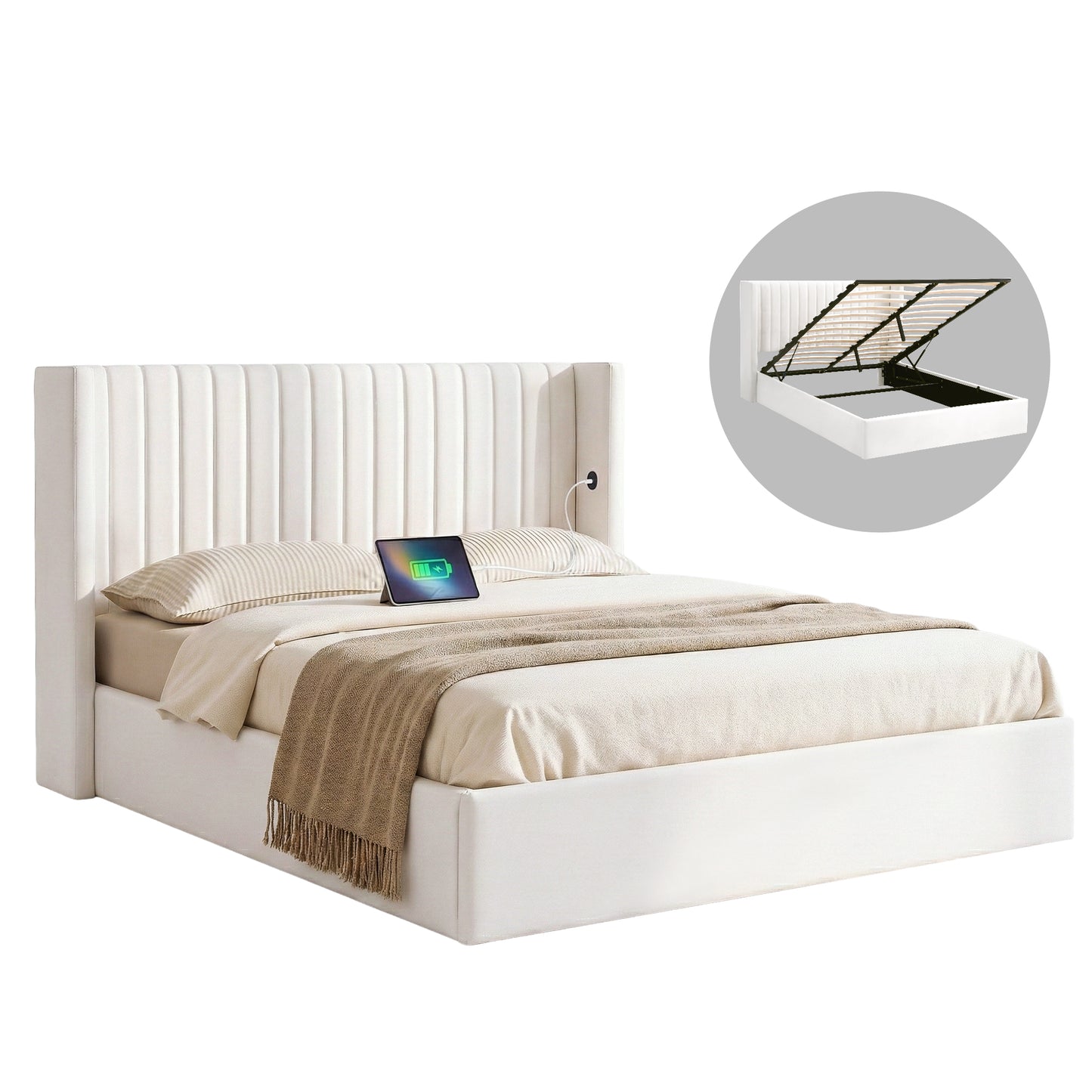 Alora Bed Frame with Gaslift Storage USB Type-C Charging Ports Velvet Upholstery - White Queen