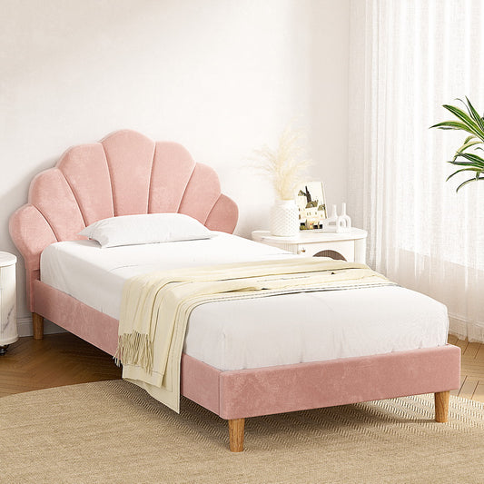 Avalyn Bed Frame Scallop-Shape Bedhead Velvet Fabric - Pink King Single