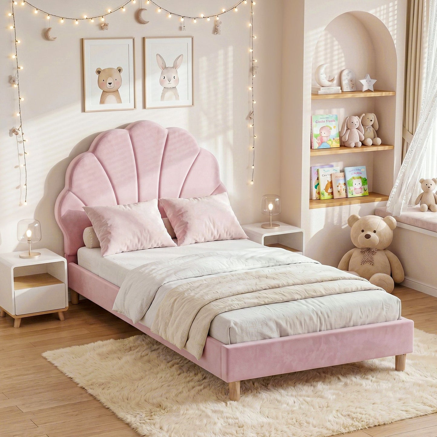 Vella Bed Frame Scallop Upholstered Headboard Velvet Platform Base - Pink Single