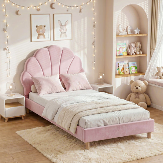 Vella Bed Frame Scallop Upholstered Headboard Velvet Platform Base - Pink Single