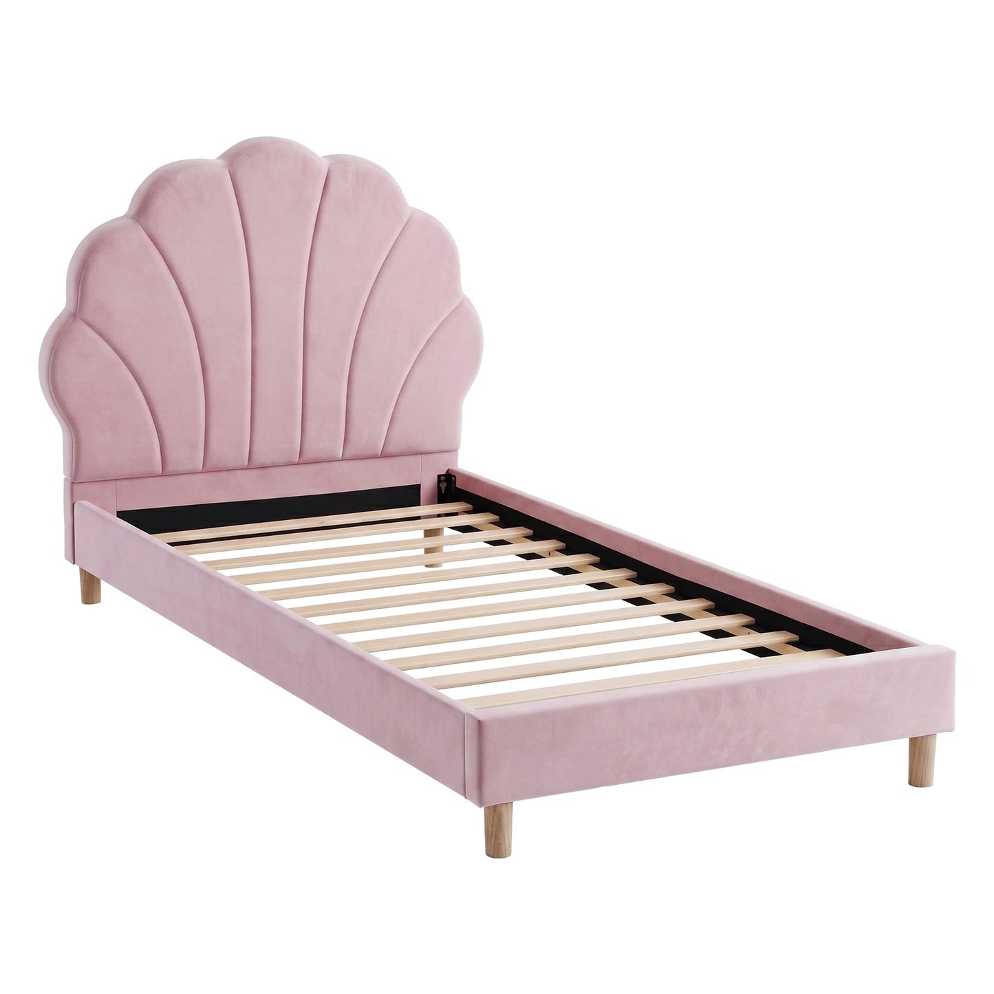 Vella Bed Frame Scallop Upholstered Headboard Velvet Platform Base - Pink Single