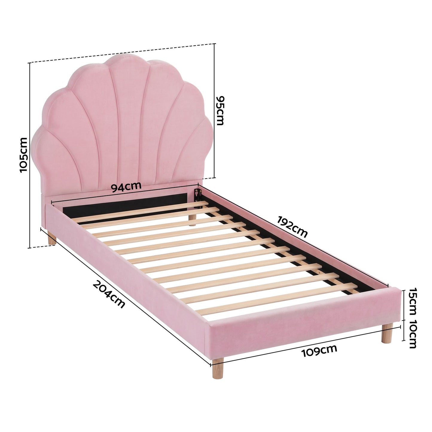 Vella Bed Frame Scallop Upholstered Headboard Velvet Platform Base - Pink Single