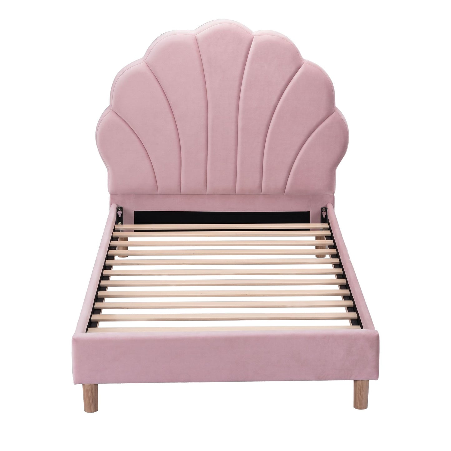 Vella Bed Frame Scallop Upholstered Headboard Velvet Platform Base - Pink Single