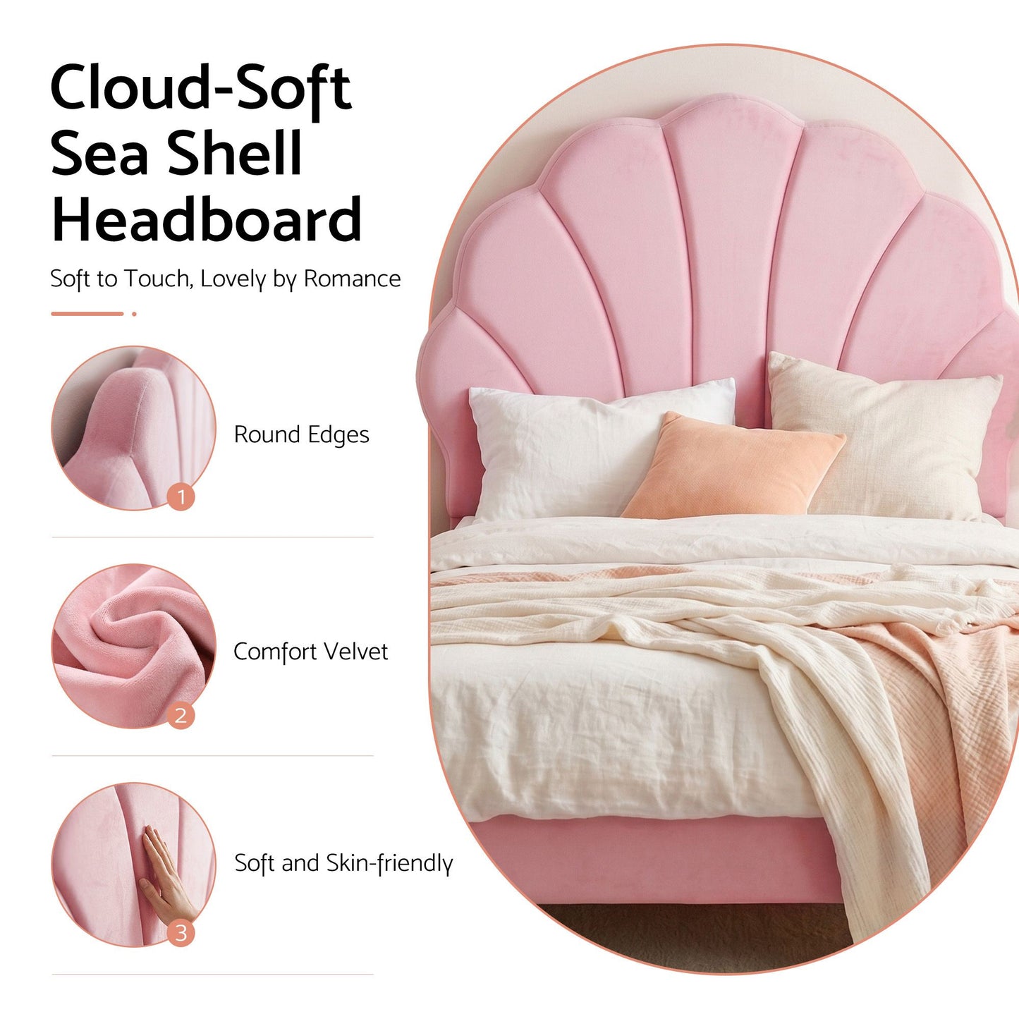 Vella Bed Frame Scallop Upholstered Headboard Velvet Platform Base - Pink Single