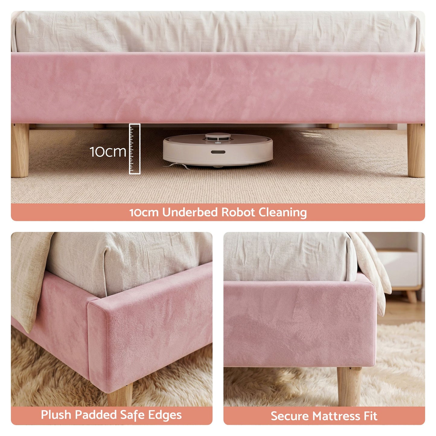 Vella Bed Frame Scallop Upholstered Headboard Velvet Platform Base - Pink Single