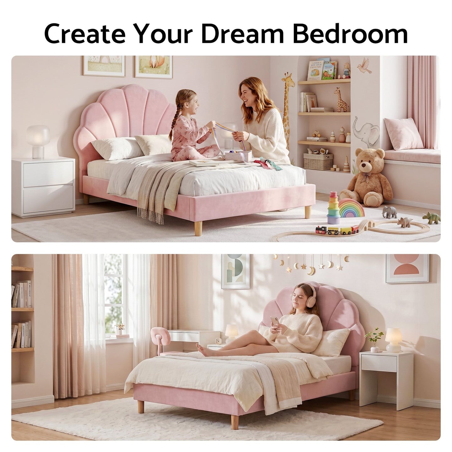 Vella Bed Frame Scallop Upholstered Headboard Velvet Platform Base - Pink Single