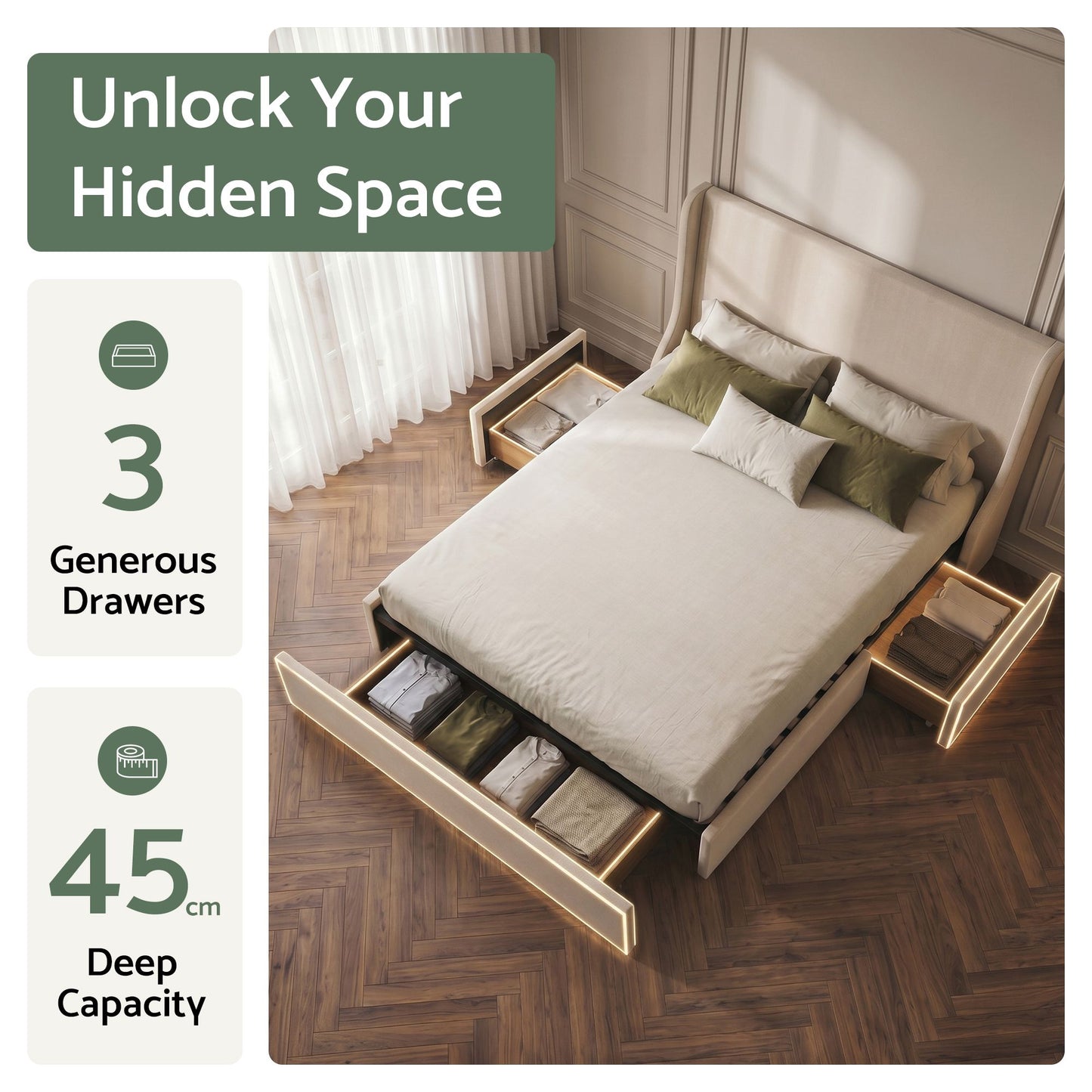 Cashmere Bed Frame with 3 Storage Drawers Wingback Headboard Heavy Duty Metal Platform Base - Beige Double