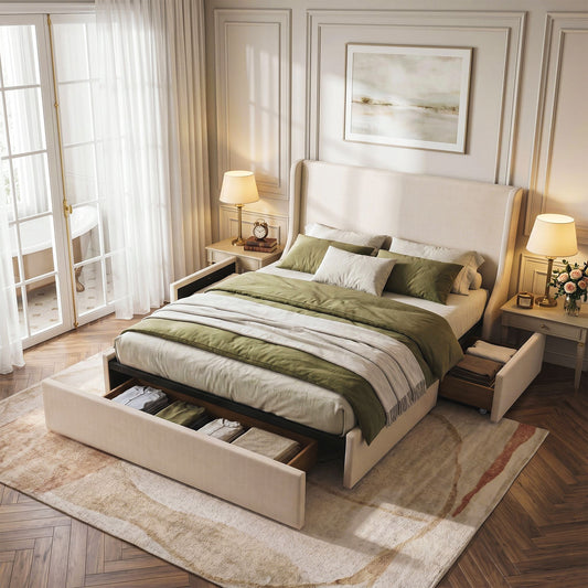 Cashmere Bed Frame with 3 Storage Drawers Wingback Headboard Heavy Duty Metal Platform Base - Beige King