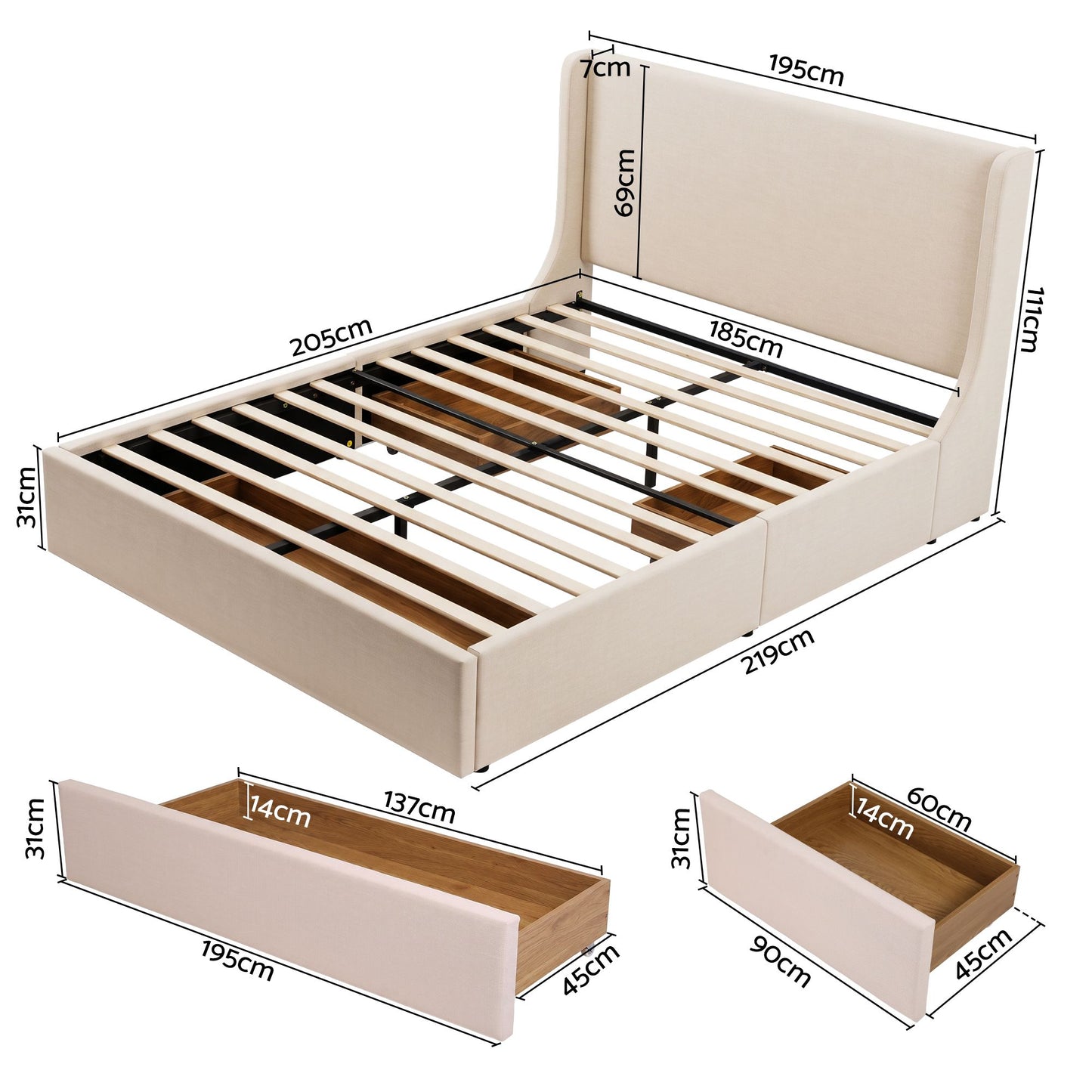 Cashmere Bed Frame with 3 Storage Drawers Wingback Headboard Heavy Duty Metal Platform Base - Beige King