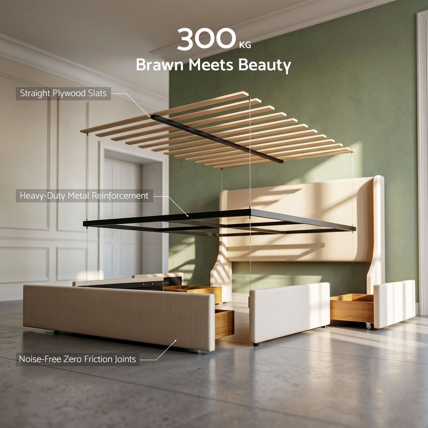Cashmere Bed Frame with 3 Storage Drawers Wingback Headboard Heavy Duty Metal Platform Base - Beige King