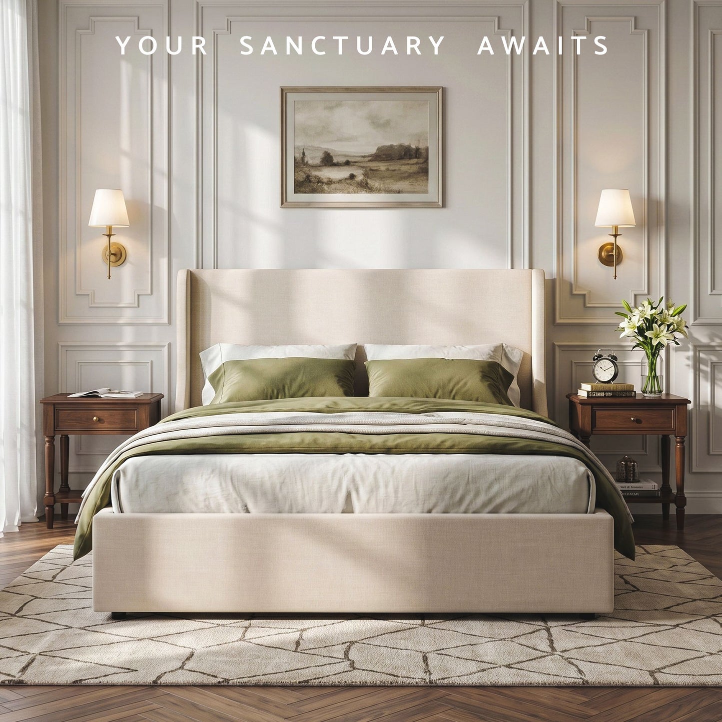 Cashmere Bed Frame with 3 Storage Drawers Wingback Headboard Heavy Duty Metal Platform Base - Beige King