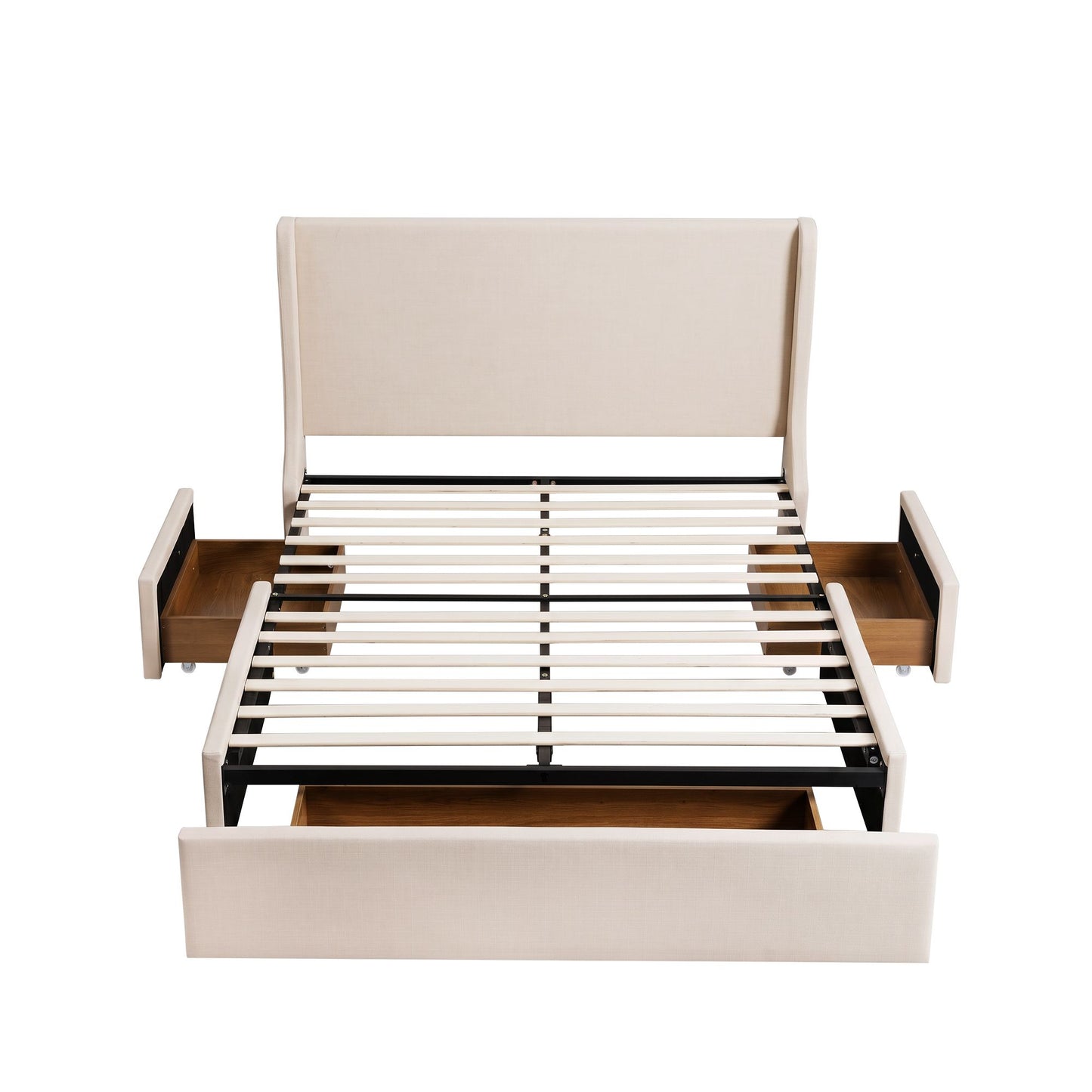 Cashmere Bed Frame with 3 Storage Drawers Wingback Headboard Heavy Duty Metal Platform Base - Beige Queen