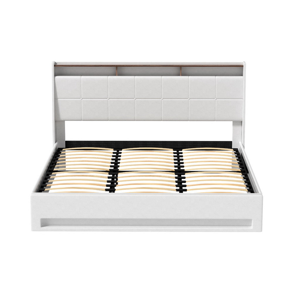 Viera Bed Frame Gas Lift LED Beds Base Platform White PVC Leather Storage Headboard - White King