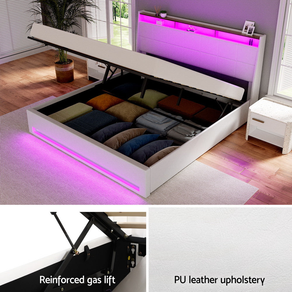 Viera Bed Frame Gas Lift LED Beds Base Platform White PVC Leather Storage Headboard - White King