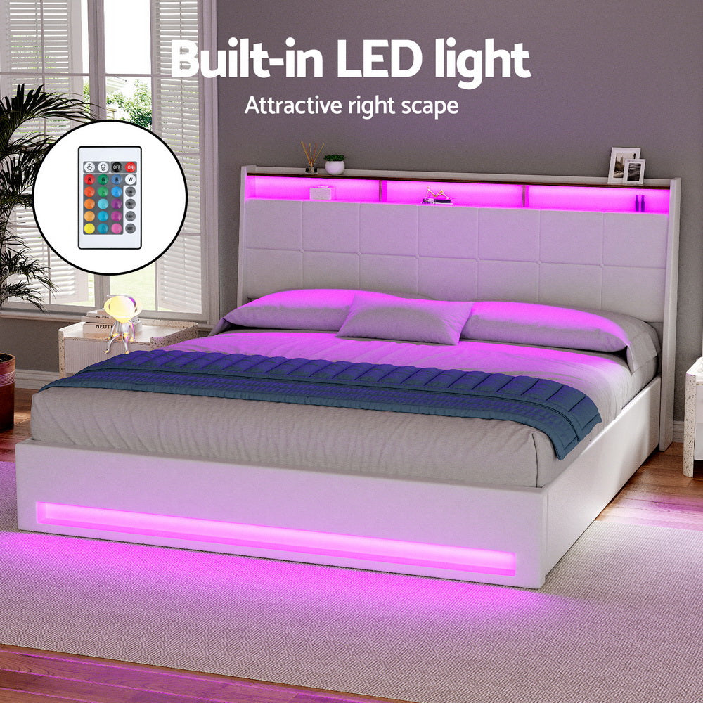 Viera Bed Frame Gas Lift LED Beds Base Platform White PVC Leather Storage Headboard - White King