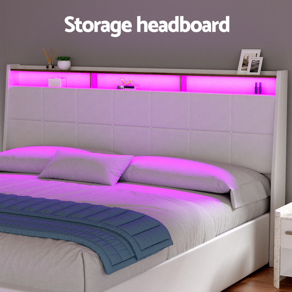 Viera Bed Frame Gas Lift LED Beds Base Platform White PVC Leather Storage Headboard - White King