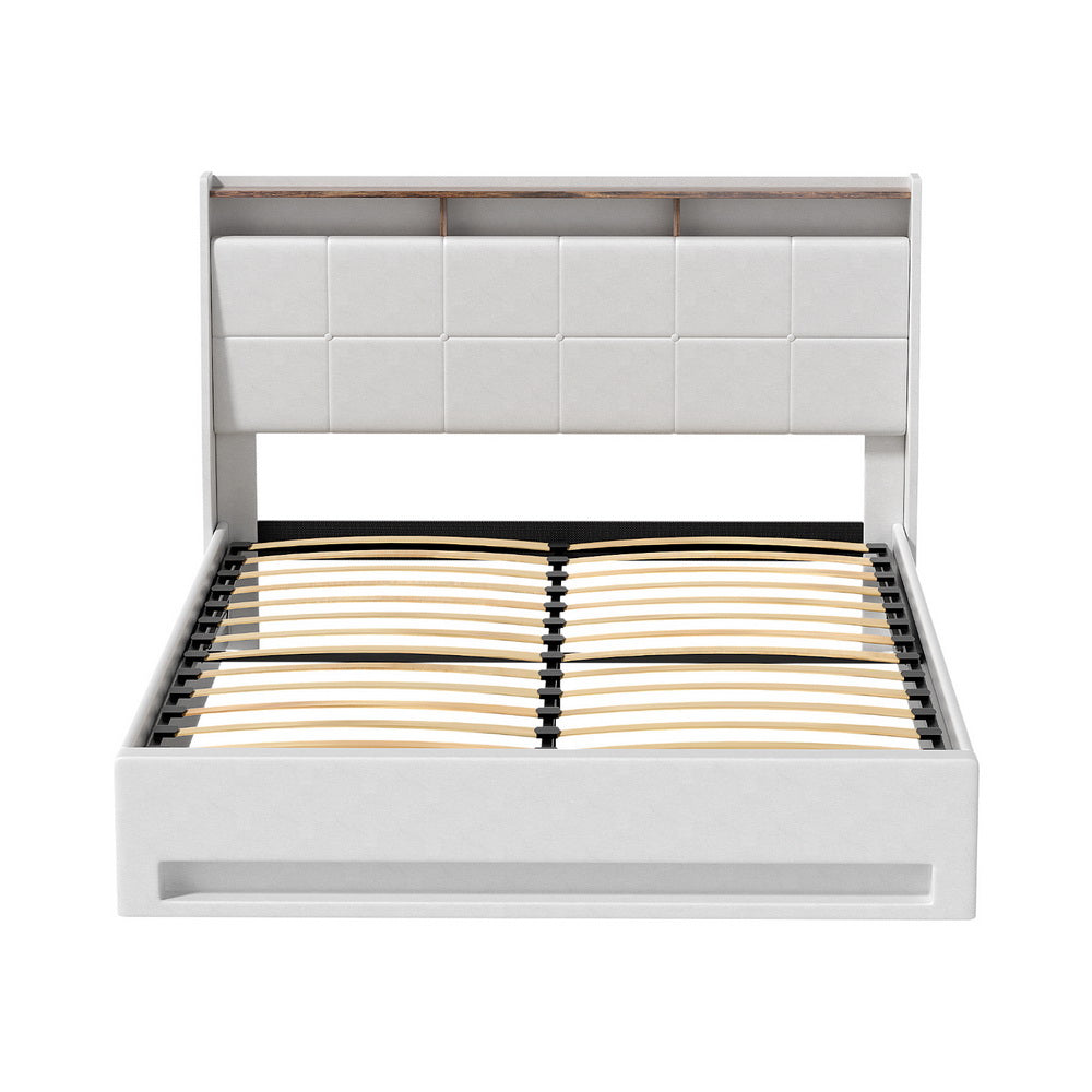 Somnia Bed Frame Gas Lift LED Beds Base Platform Storage Headboard - White Queen