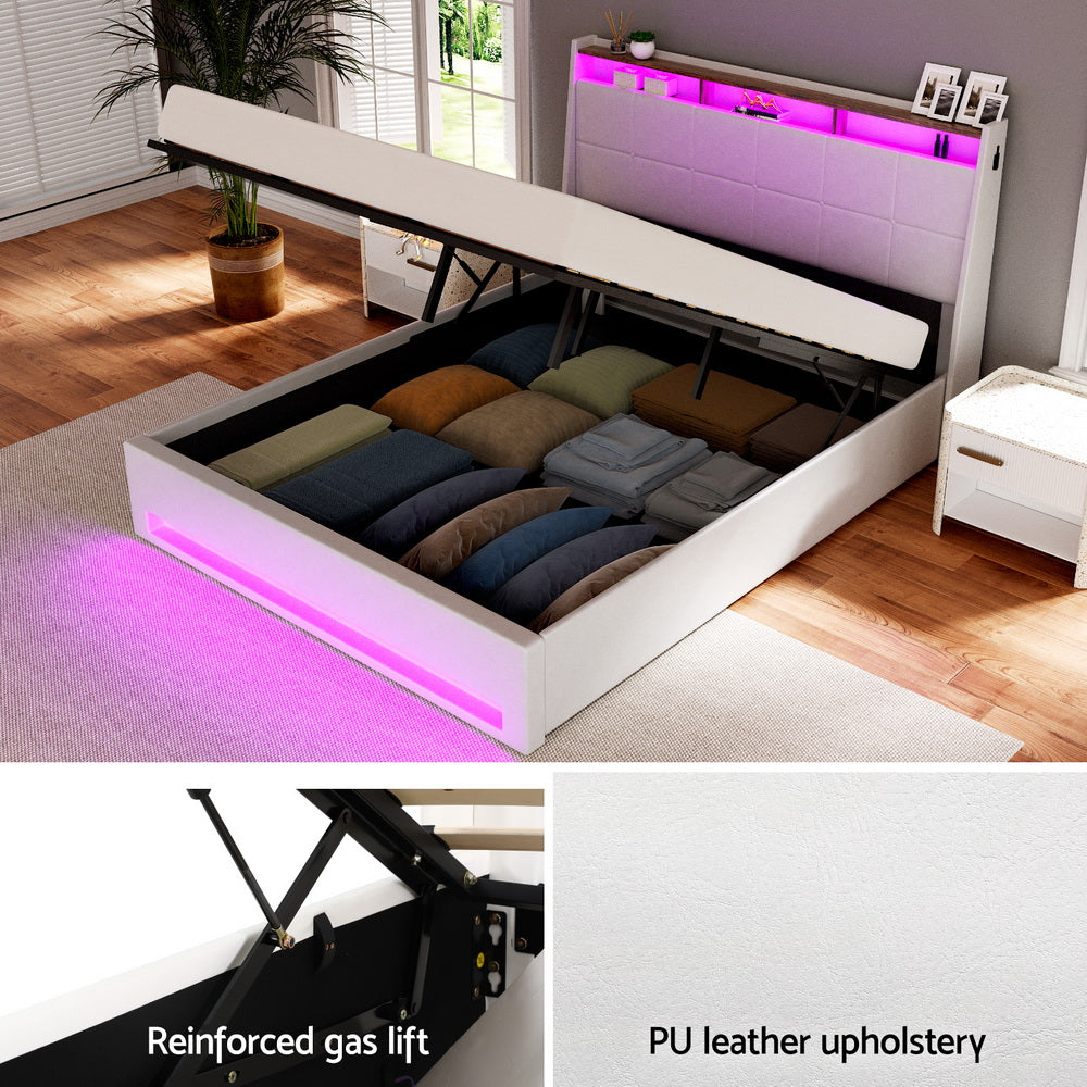 Somnia Bed Frame Gas Lift LED Beds Base Platform Storage Headboard - White Queen