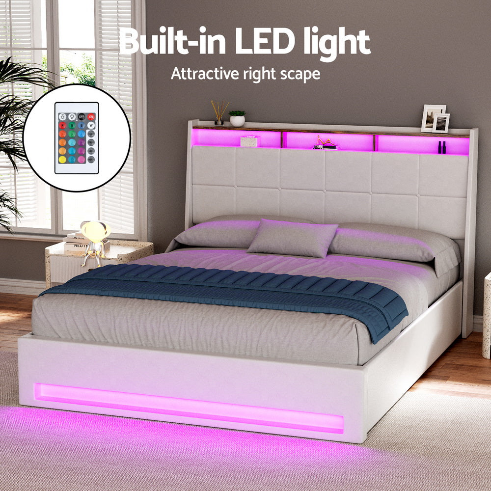 Somnia Bed Frame Gas Lift LED Beds Base Platform Storage Headboard - White Queen