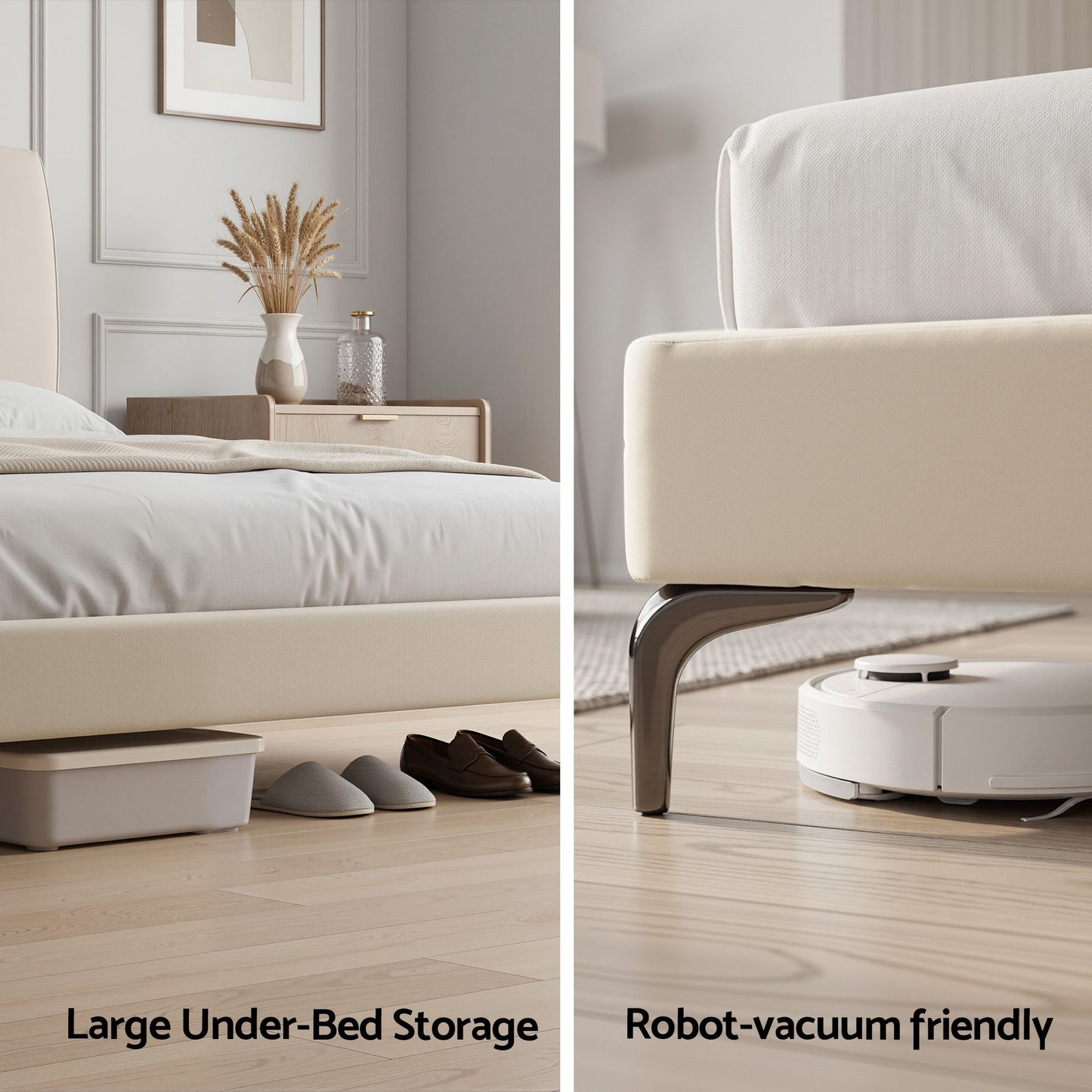 Moss Double Bed Frame Upholstered Platform Bed with Tufted Headboard - Beige Double