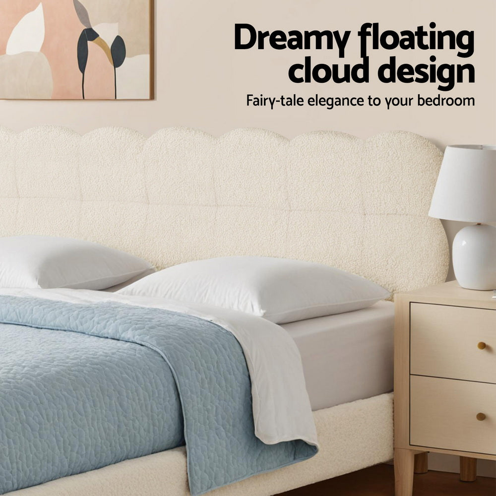 Cozya Bed Frame Cloud Headboard Boucle Fabric Platform Base - White Double
