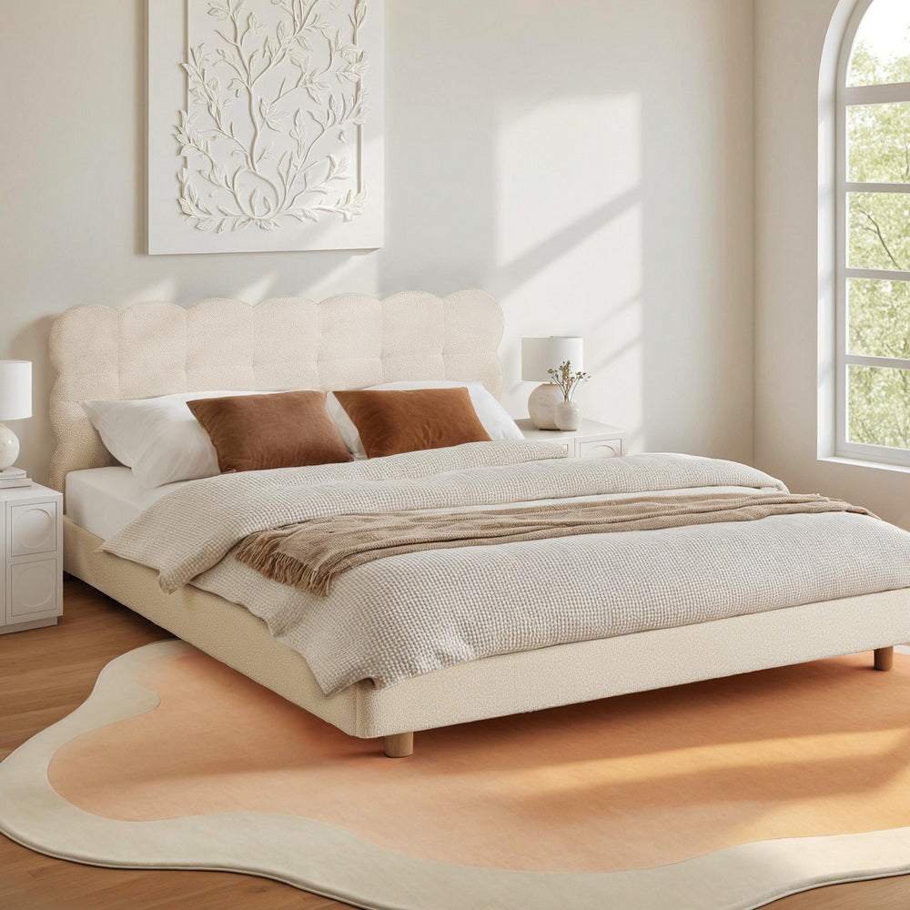 Cozya Bed Frame Cloud Headboard Boucle Fabric Platform Base - White Double