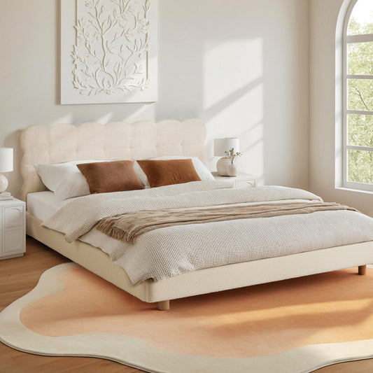 Cozya Bed Frame Cloud Headboard Boucle Fabric Platform Base - White Double