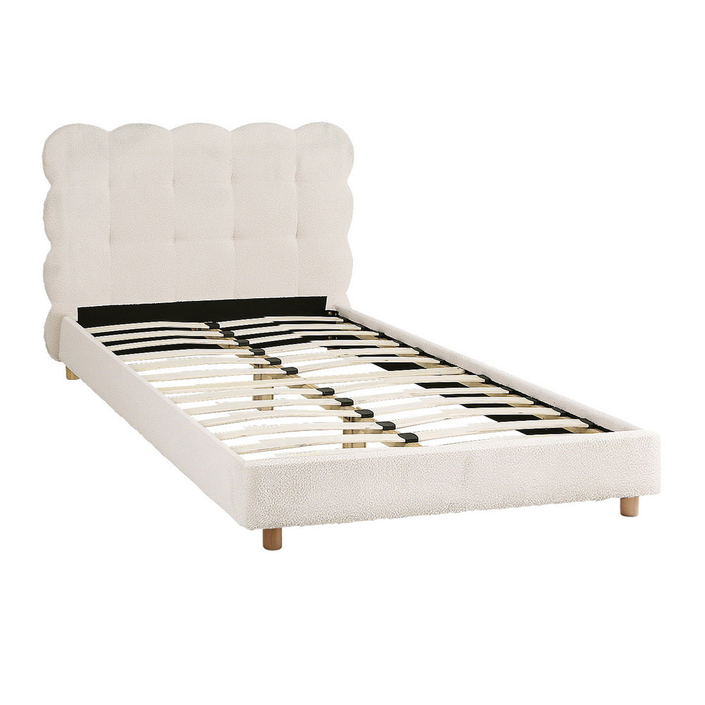 Cozya Bed Frame Cloud Headboard Boucle Fabric Platform Base - White King Single