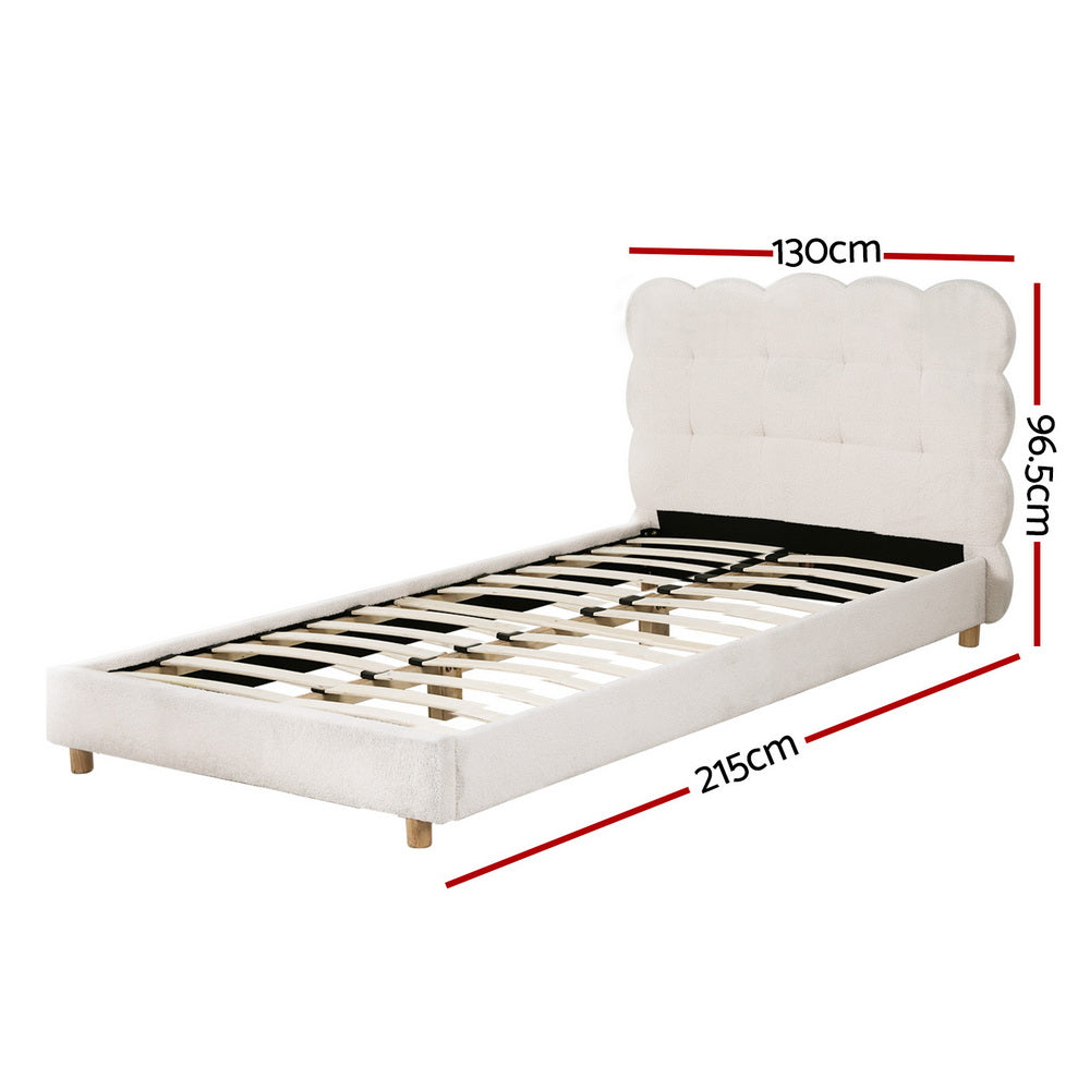 Cozya Bed Frame Cloud Headboard Boucle Fabric Platform Base - White King Single