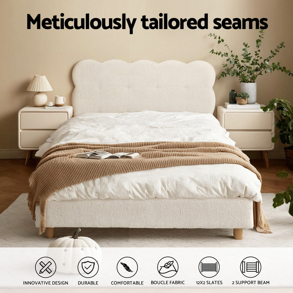 Cozya Bed Frame Cloud Headboard Boucle Fabric Platform Base - White King Single