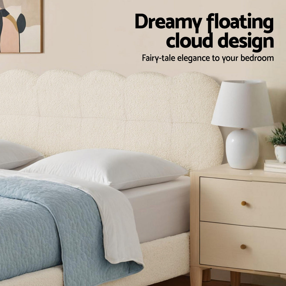 Cozya Bed Frame Cloud Headboard Boucle Fabric Platform Base - White King Single