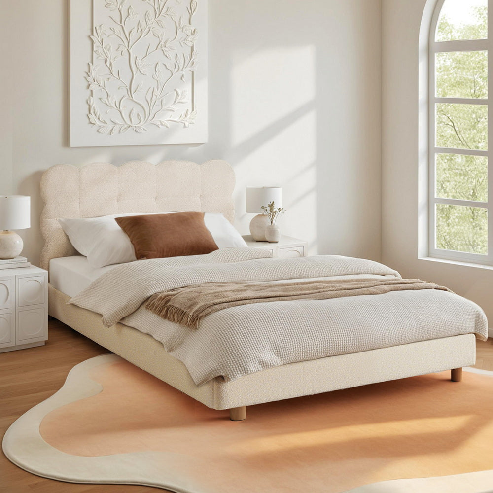 Cozya Bed Frame Cloud Headboard Boucle Fabric Platform Base - White King Single