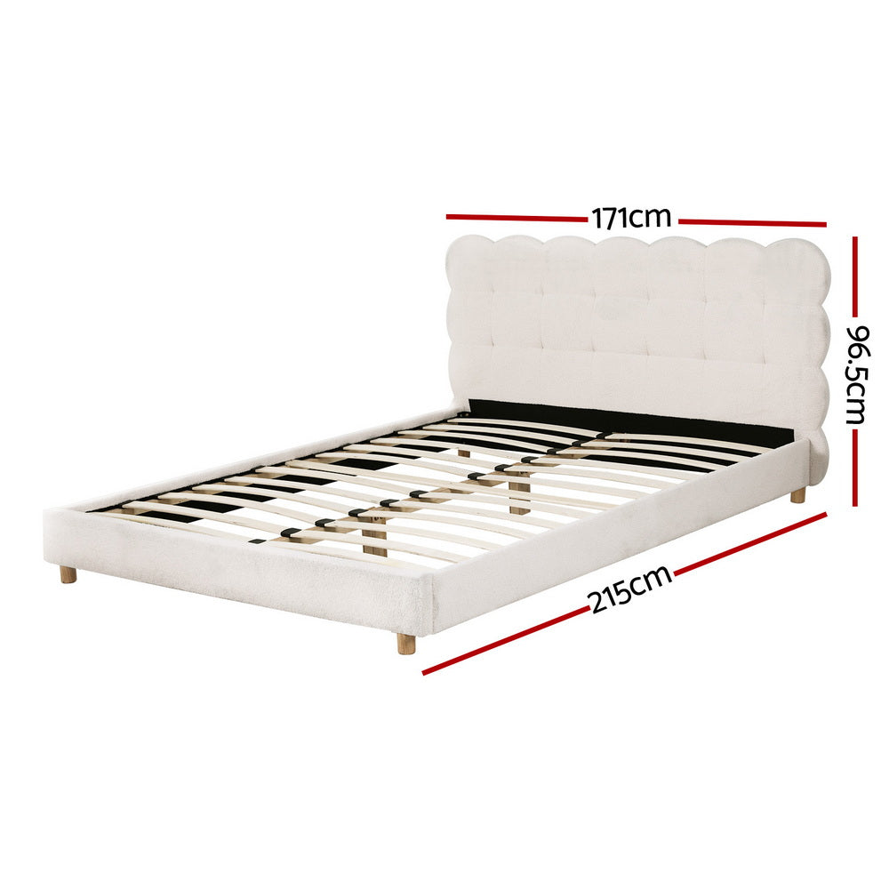 Cozya Bed Frame Cloud Headboard Boucle Fabric Platform Base - White Queen