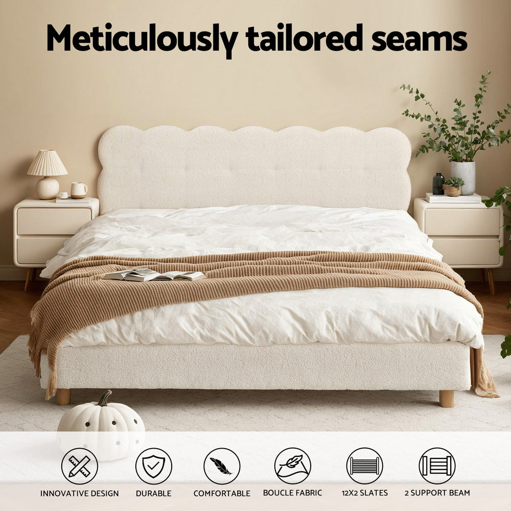 Cozya Bed Frame Cloud Headboard Boucle Fabric Platform Base - White Queen