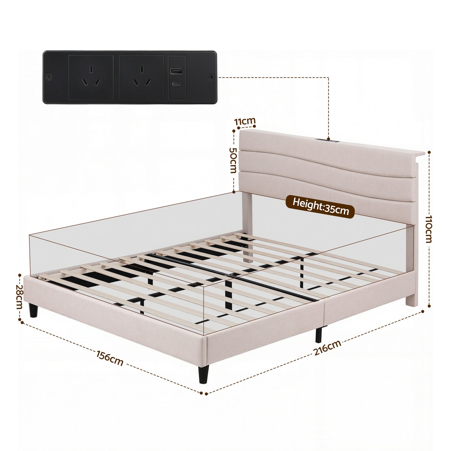Bellona Bed Frame with Storage Adjustable Headboard Platform Linen Fabric Charging Ports - White Queen