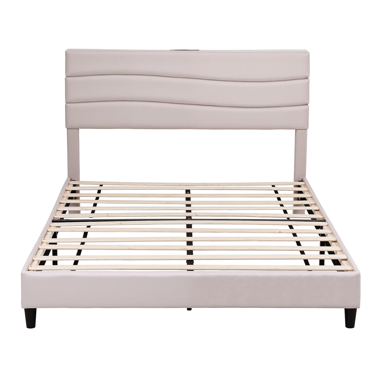 Bellona Bed Frame with Storage Adjustable Headboard Platform Linen Fabric Charging Ports - White Queen