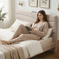 Bellona Bed Frame with Storage Adjustable Headboard Platform Linen Fabric Charging Ports - White Queen