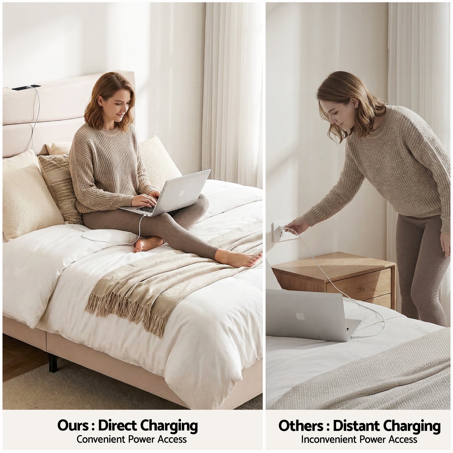 Bellona Bed Frame with Storage Adjustable Headboard Platform Linen Fabric Charging Ports - White Queen