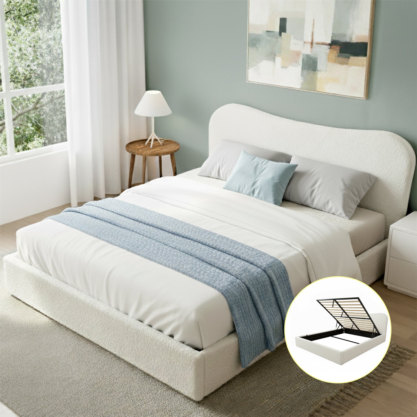 Dormica Bed Frame with Gaslift Storage Wooden Platform Base - White Double