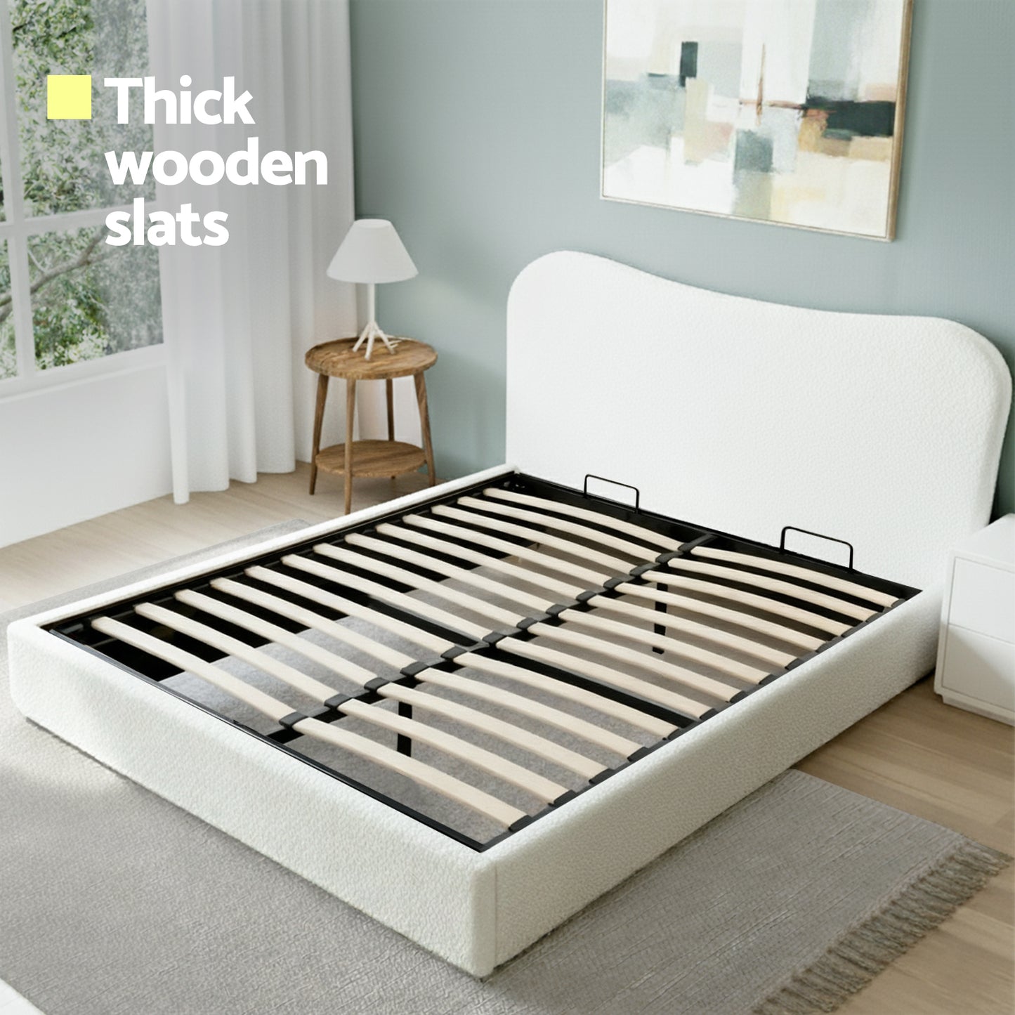 Dormica Bed Frame with Gaslift Storage Wooden Platform Base - White Queen