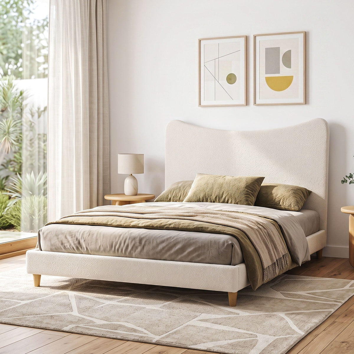 Nola Bed Frame with Boucle Headboard - Beige Queen