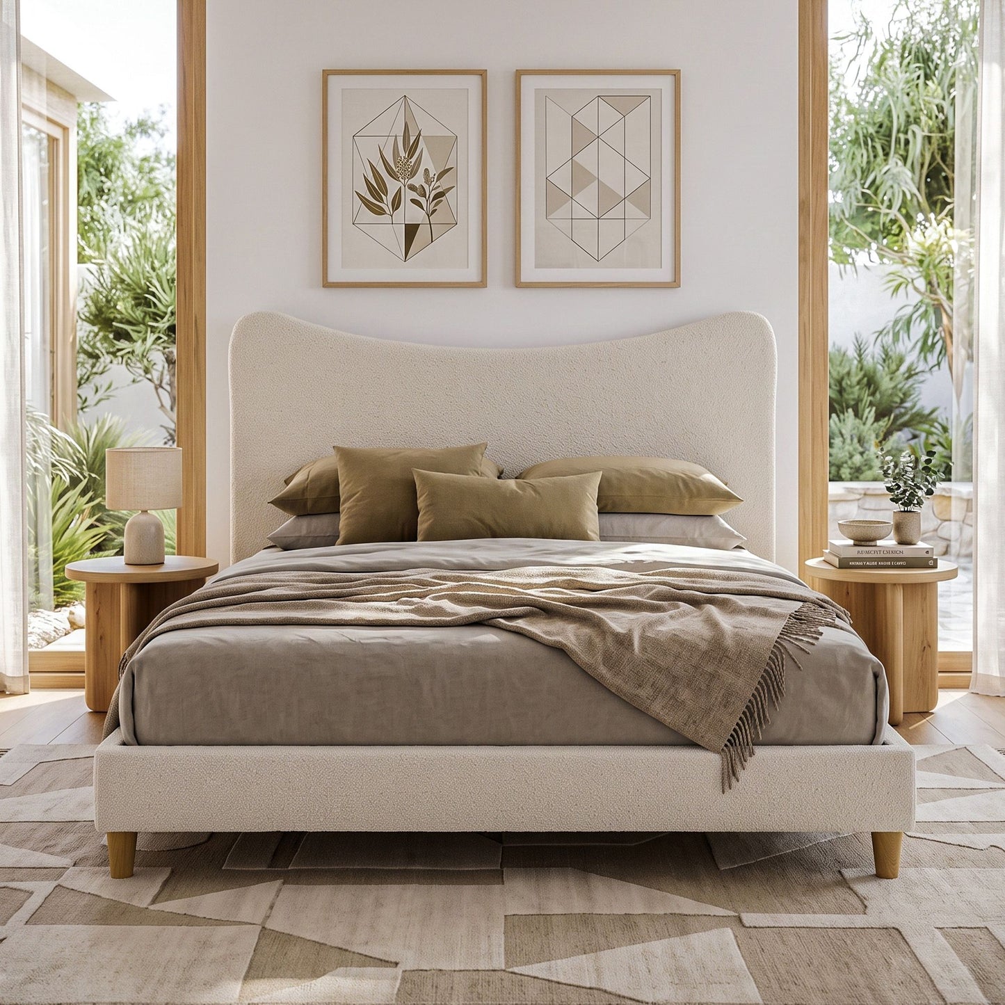 Nola Bed Frame with Boucle Headboard - Beige Queen