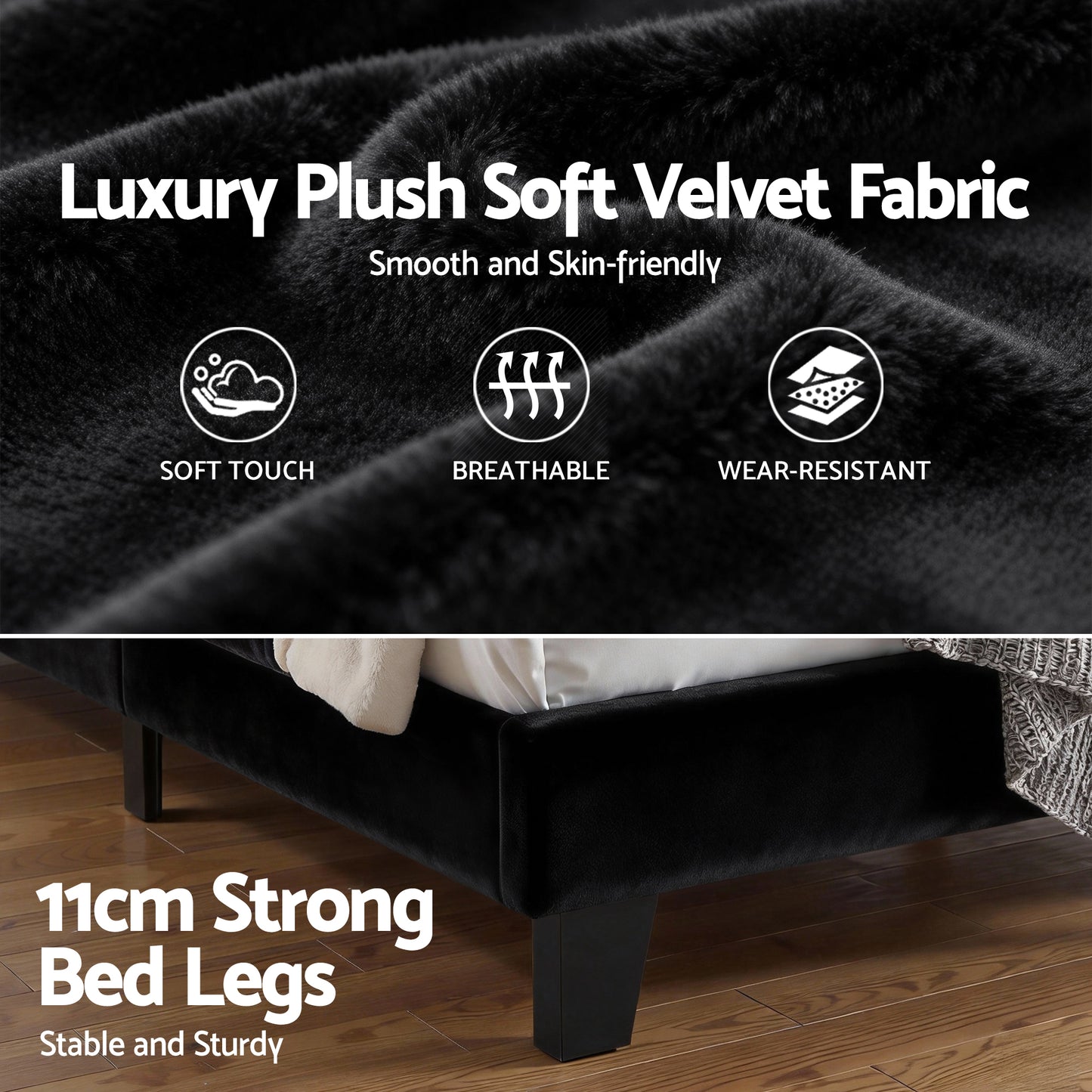 Liora Upholstered Bed Frame with Geometric Headboard Velvet - Black Double