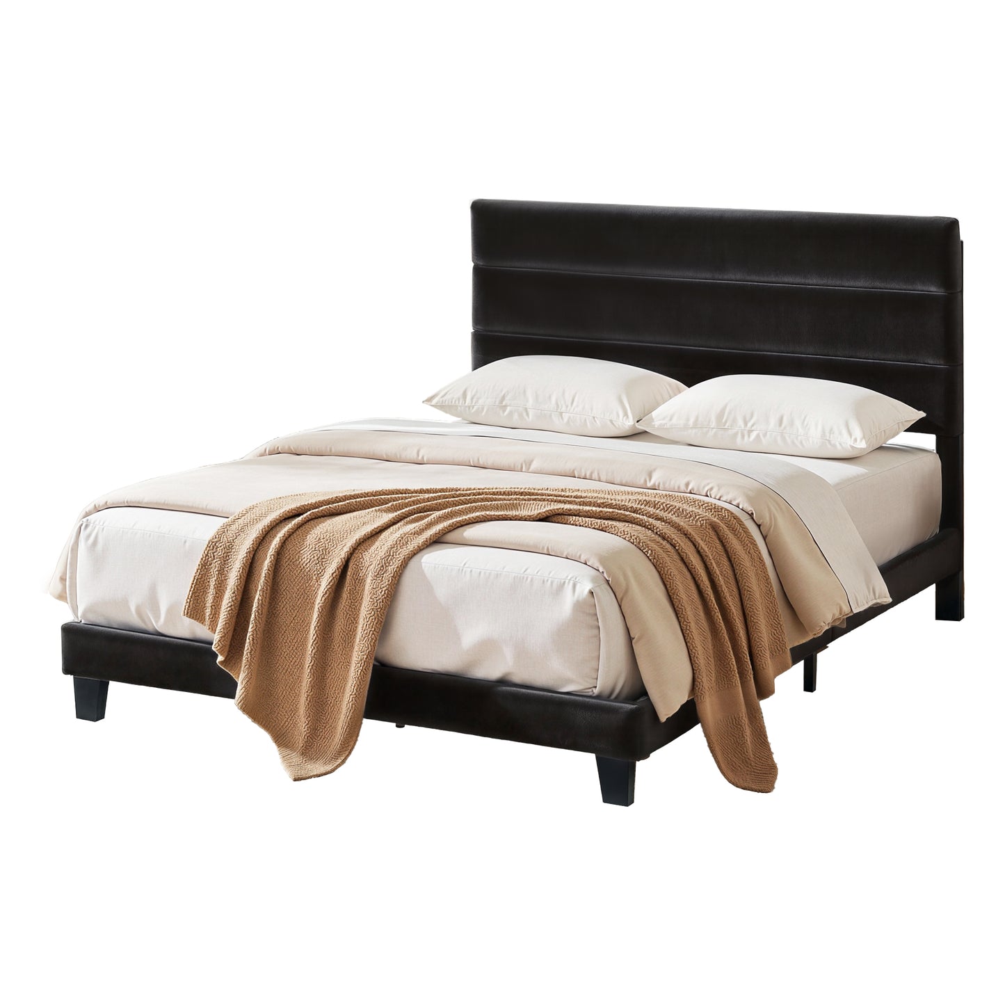 Liora Upholstered Bed Frame with Geometric Headboard Velvet - Black Double