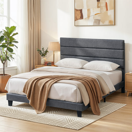 Liora Upholstered Bed Frame with Geometric Headboard Linen Wood Slats - Charcoal Grey Double