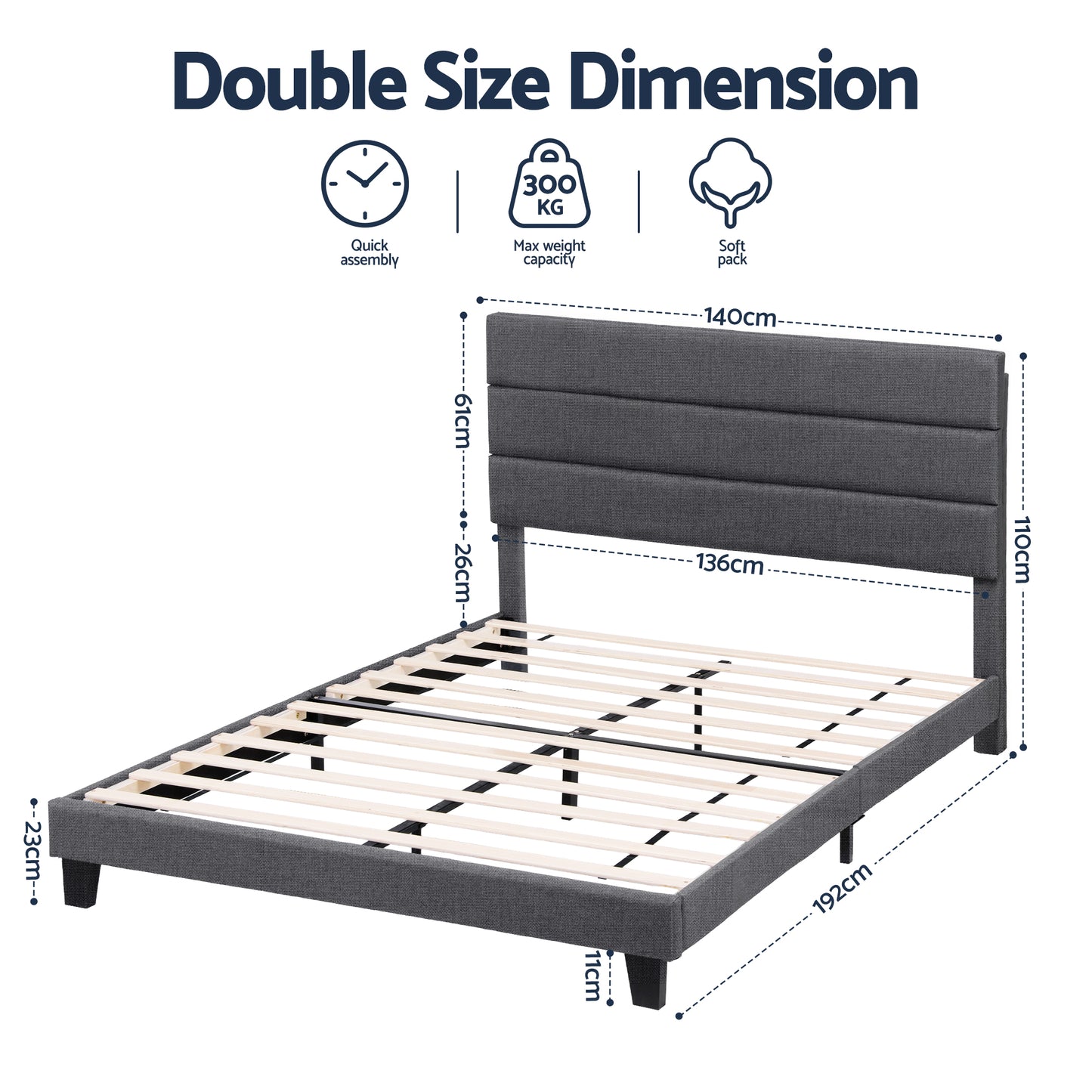 Liora Upholstered Bed Frame with Geometric Headboard Linen Wood Slats - Charcoal Grey Double