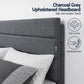 Liora Upholstered Bed Frame with Geometric Headboard Linen Wood Slats - Charcoal Grey Double